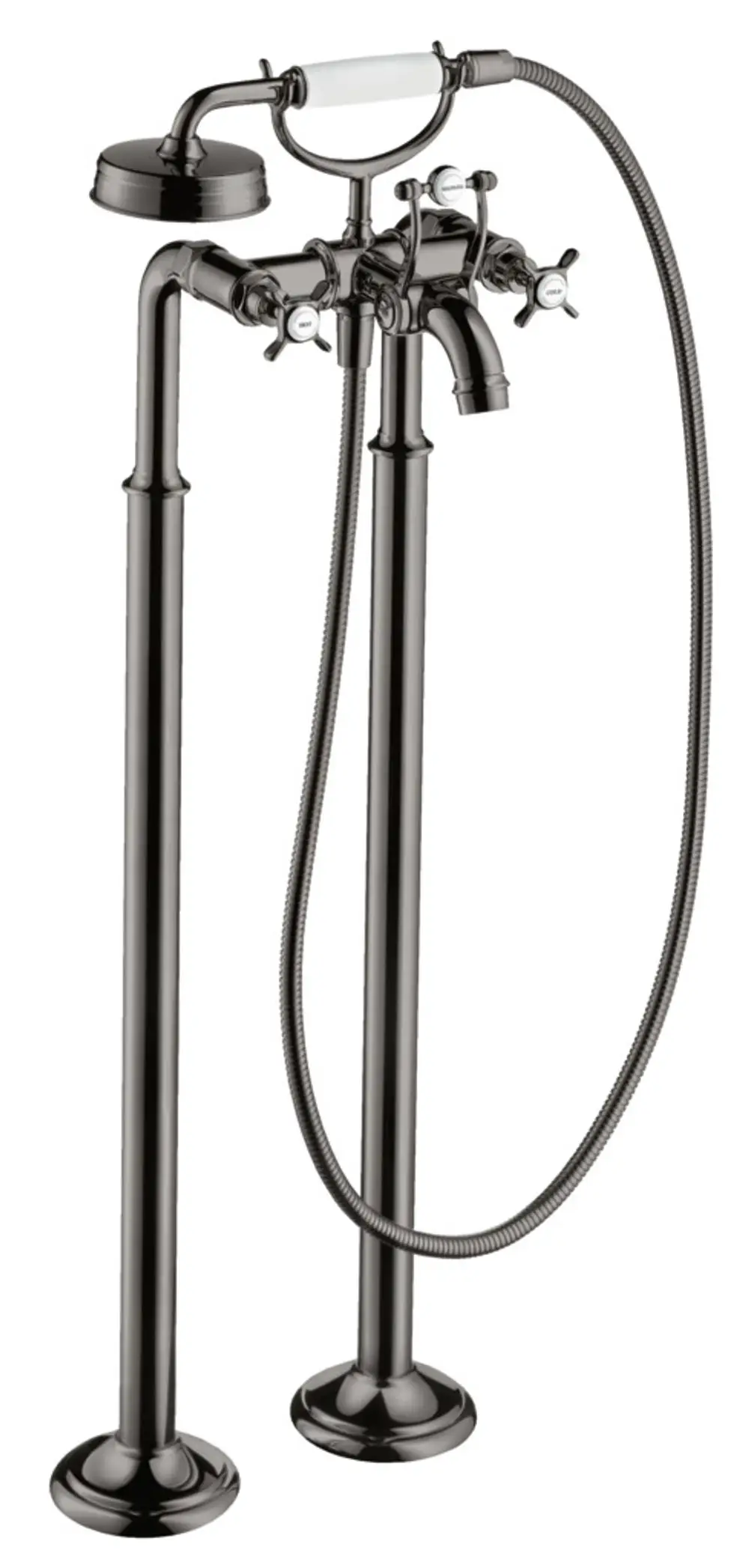 Bodenstehende Wannenarmatur mit zwei Kreuzgriffen in Polished Black Chrome von AXOR. Die Armatur ist aus mehreren verchromten Rohren und einem flexiblen Schlauch gefertigt.